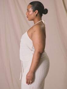 MUSERA Top court texturé à encolure montante avec détail d'anneau et fente sur l'ourlet, pour les vacances, élégant, grande taille - Crème - Voir 2