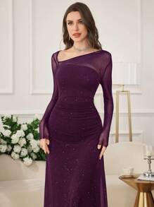 Modelyn Women Long Mesh Shiny Splicing Asymmetrical Collar Fitted Dress - Red Violet - View 4