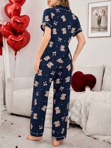 SHEIN 泡泡皱熊与蝴蝶结印花短袖睡衣套装 - 藏蓝色 - 查看 2