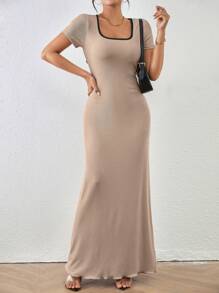 SHEIN Clasi Vestido maxi elegante y ajustable de cintura entallada de cuello cuadrado de color liso para mujer, vestido bohemio/boho/de festival de verano largo para mujer