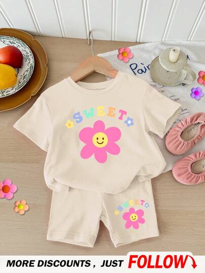 SHEIN Happikins Baby Girl's Casual And Simple Flower Printed Short Sleeve T-Shirt And Shorts Set, Suitable For Summer