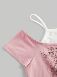 ROMWE Fairycore 复古 Y2K 千禧风格藤蔓水钻装饰女式斜肩 2 合 1 紧身 T 恤