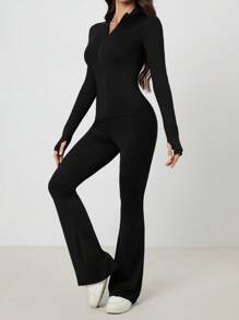 SHEIN Tall 2pcs/Set Women Solid Color Zip Up Long Sleeve Top And Wide Leg Long Pants,Summer Sets - Black - View 4