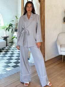 Cloudara Cottonline Women Contrast Binding Detailed Kimono Belted And Wide Leg Pant Two Pieces Set - Grey - View 3