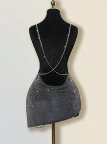 SHEIN ICON Vestido mini con cuello en V exagerado, decoración de piedras rhinestone, espalda descubierta con criss-cross y abertura alta en la falda - Negro - Ver 2