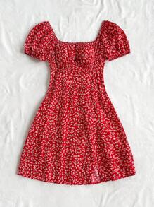 SHEIN WYWH Women's Vacation Blue Dot & Ditsy Floral Puff Sleeve A-Line Mini Dress With Slit Hem