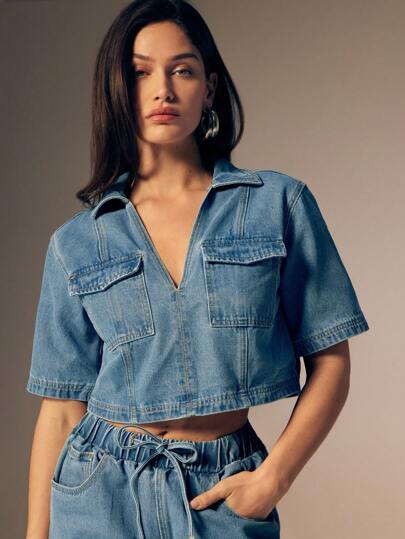 Denimoi Boxy Cropped Denim Top, Minimalist Fashion Suitable For Summer