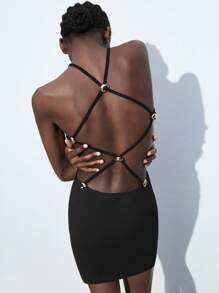 Maija 2025 Summer New Backless Crisscross Strap Design Sea Shell Metal Decor Buckle Dress, Retro Vintage Style Suitable For Home, Office, Music Fest, Beach Vacation, Casual, Romantic, Sexy, Elegant Party, Wedding Guest, Graduation, Women Easter Off The Shoulder Top