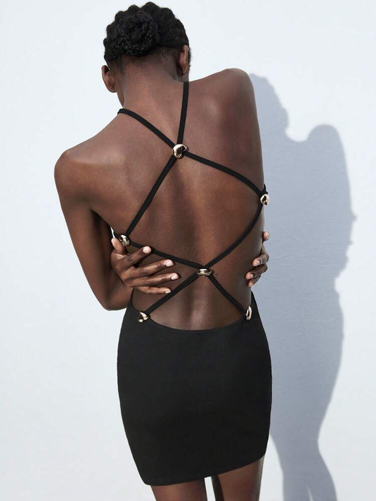 SHEIN Maija 2025 New Backless Crisscross Strap Design Sea Shell Metal Decor Buckle Dress, Retro Vintage Style Suitable For Home, Office, Music Fest, Beach Vacation, Casual, Romantic, Sexy, Elegant Party, Wedding Guest, Graduation, Women Easter Off The Shoulder Top,Autumn Clothes For Women, Christmas Women's Clothing