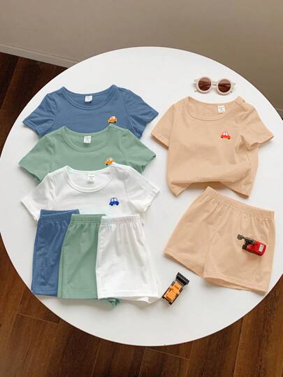 SHEIN 8pcs/Set Baby Boy/Girl Summer Cute Cartoon Print Short Sleeve Top And Elastic Waist Shorts