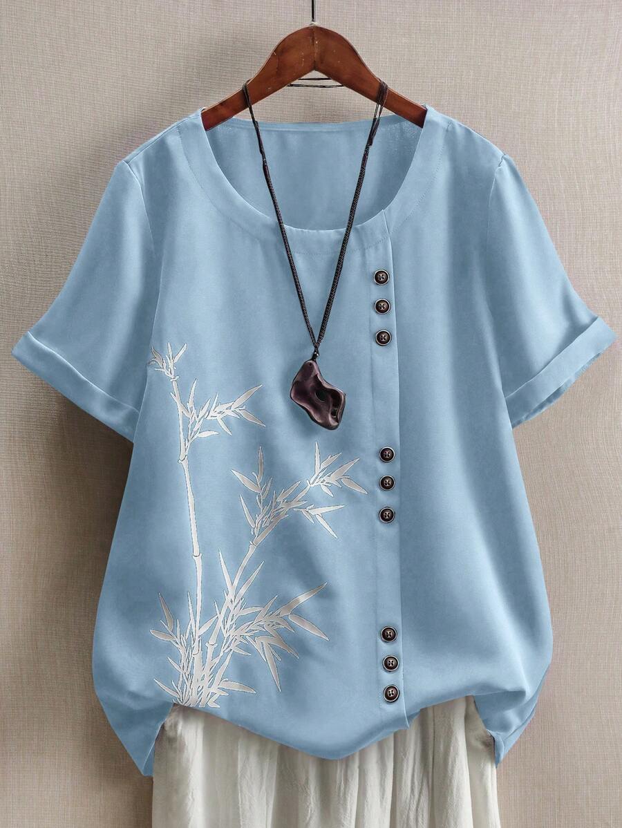 EMERY ROSE Women's Bamboo Leaf Print Casual Comfortable Blouse