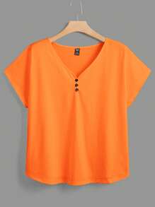 EMERY ROSE Plus Size Plain V-Neck Short Sleeve T-Shirt, Simple & Fashionable, Suitable For Summer - Orange - View 1