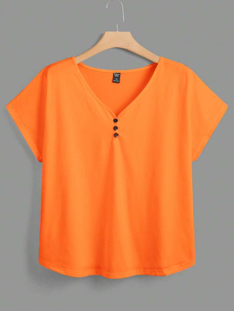 EMERY ROSE Plus Size Plain V-Neck Short Sleeve T-Shirt, Simple & Fashionable, Suitable For Summer - Orange - View 1