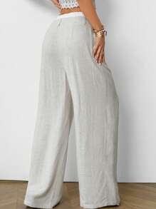 SHEIN EZwear Apricot Linen Woven Women's Wide-Leg Pants, Double Waist Knot, Simple And Fashionable, Suitable For Summer Seaside Vacation