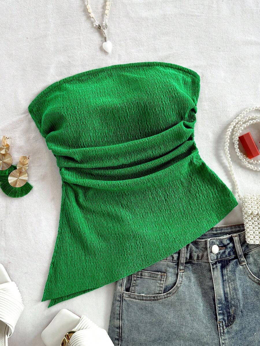 Soleia 女士度假露肩蓝色纹理不对称下摆开衩侧褶皱修身上衣