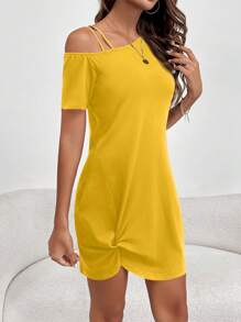 SHEIN LUNE 情人节不对称单肩黑色褶皱女式连衣裙 - 黃色 - 查看 6