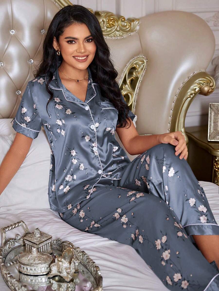 LuxeNights Floral Print Faux Silk Top & Pants Pajama Set