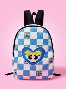 THE POWERPUFF GIRLS X SHEIN Fashionable Cute Plaid & Cartoon Bubbles Pattern Backpack - Multicolor - View 1