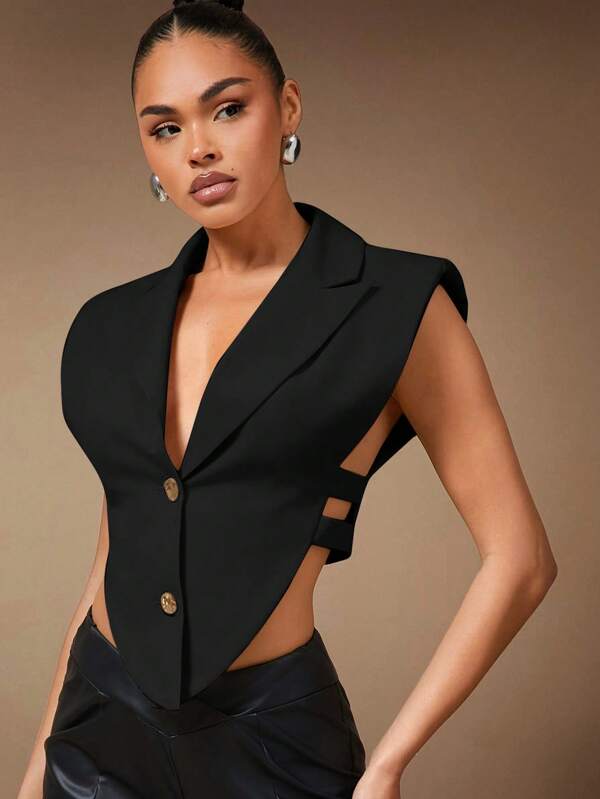 Hauture Summer Women Outfit, Women Clothes, Solid Color Polo Collar Asymmetrical Hem Perforated Blouse With Side Cutout And Gold Buttons, Women Tops, Sexy Women Tops, Summer Tops, Women Tops, White Top, Office Women Outfits. For Date Night, Concerts, Performances, Parties, Clubs,Rave Top