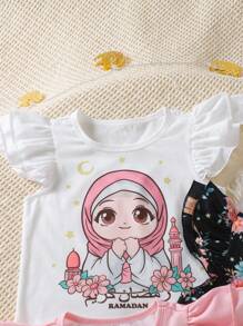 SHEIN Camiseta casual simple de cuello redondo y manga corta con estampado de personajes para niña - Multicolor - Ver 6