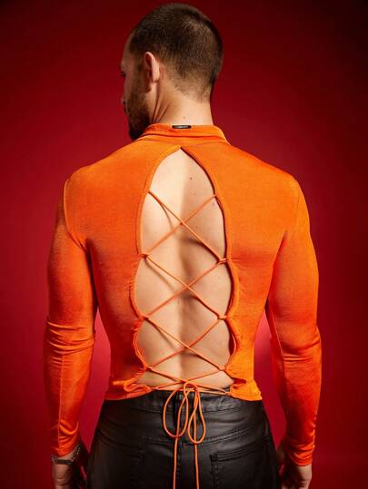 FeverCity 男式紧身交叉系带露背长袖 Polo 衫