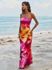 Opulessa Váy đi biển hở lưng in hoa dệt cho nữ - Màu tím - Xem 2