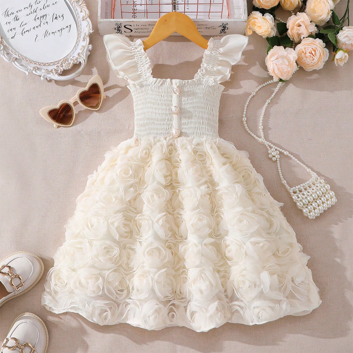 Vestido de verano elegante con volantes, manga con abertura y parche floral en unicolor para niñas