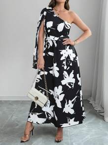 SHEIN Unity Plus Size Women's One-Shoulder Single Sleeve Design Waist Cinched Twisted Rope Pleated Hemline Floral Print Colorblock Dress - Black - View 5