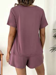 SHEIN Umstandsmode Set aus einfarbigem Stillshirt mit kurzen Ärmeln und halboffenem Ausschnitt sowie Shorts, lässiger Anzug für Schwangere