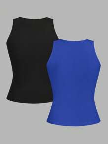 SHEIN EZwear 2pcs Black & Blue Women's Sexy Cropped Tight Fit Tank Tops, Suitable For Summer Back To School - Multicolor - View 2