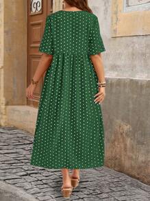 EMERY ROSE Plus Size Tie Front Short Sleeve Round Neck Dress, Minimalist And Fashionable For Summer - Dark Green - View 2