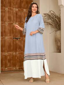 Al Najma Round Neck Patchwork Floral Retro Print Colorblock Women Dress, Spring/Summer - Baby Blue - View 6