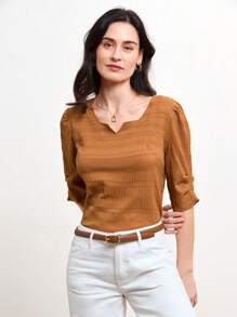 Miaspire Mulheres verão casual cor sólida texturizada plissada Camisa - Castanho - Visão 4