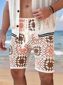 Manfinity RSRT Men's Vacation Casual Contrast Color Hollow Out Knit Shorts Crochet Beach Shorts Men Swim Trunks