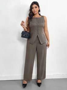 Firerie Conjunto de 2 piezas talla grande para mujer - Diseño de cargo con decoración de bolsillo falso, Blazer y pantalón con escote en V color beige para el Día de San Valentín, Conjunto informal para oficina/ir al trabajo