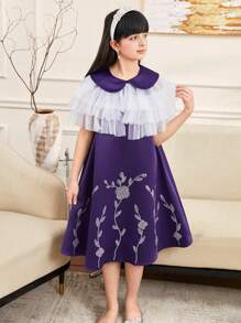 SHEIN Bộ 2 chiếc váy chữ A không tay đính đá nhiều lớp rộng rãi cho bé gái tuổi mới lớn - Màu tím - Xem 1