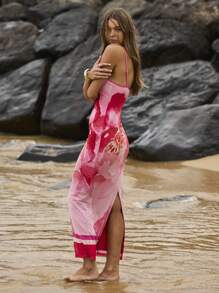 Aralina Watercolor Floral Spaghetti Strap Bodycon Summer Maxi Dress - Coral Pink - View 2