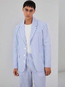 Manfinity VCAY 2pcs/Set Loose Woven Striped Imitation Linen Suit Set, Including Jacket And Wide Leg Pants - Blue and White - View 3