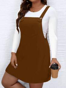 Celure Plus Size Women Black Woven Regular Elegant Corduroy Pinafore Dress - Brown - View 4