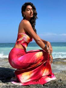 Opulessa 针织印花不对称下摆挂脖女式上衣 - 粉色 - 查看 3