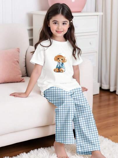 SHEIN 可爱小狗格子图案，女童休闲简约圆领短袖上衣和裤子睡衣套装，适合夏季