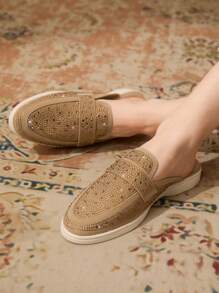 CUCCOO TILAWA Women's Fashionable Daily Casual Khaki Rhinestone Loafer Shoes - Khaki - View 7