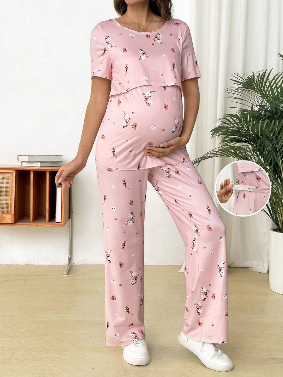 SHEIN Refreshing Print Short Sleeve Top And Long Pants 2 Pieces Maternity Set - Pink - View 1