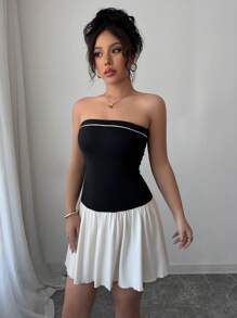 INAWLY 女式夏季撞色抹胸紧身休闲短裙 - 黑色 - 查看 3