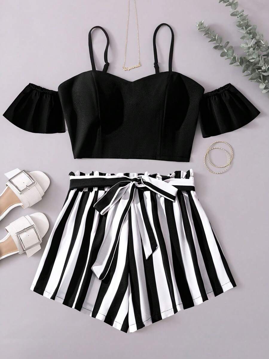 SHEIN Clasi 2pcs/Set Plus Size Women Solid Color Spaghetti Strap Short Sleeve Top And Striped Print Tie Waist Shorts - Black - View 1