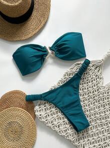Swim Mod Bikini a due pezzi da donna per l'estate, in colore unito, con decorazione in metallo, sexy, con laccetti al collo