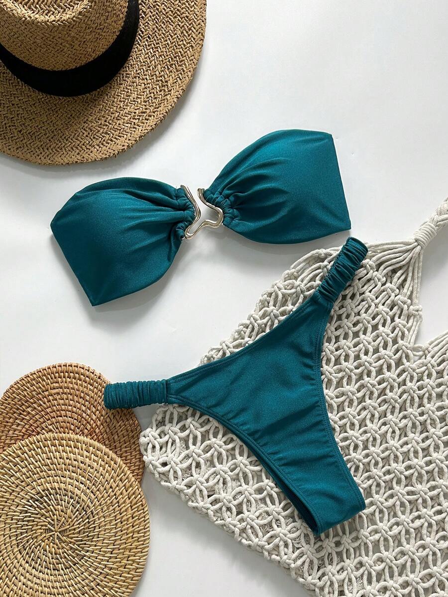 Swim Mod Bikini a due pezzi da donna per l'estate, in colore unito, con decorazione in metallo, sexy, con laccetti al collo