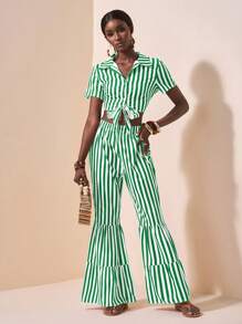 Slaydiva Spring/Summer New Music Festival, Easter, Nashville, Birthday Party, Graduation Season, Student, Daily, Casual, Vacation, Cruise Travel, Beach, Sunbathing Striped Print Top And Tie-Up & Ruched Wide Leg Pants Women Set - Green - View 6
