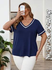 EMERY ROSE Große Größen V-Ausschnitt Kurzarm T-Shirt, einfach & modisch, geeignet für Sommer, Sommer für Frauen, Rave, Easter Curve, Country Konzert