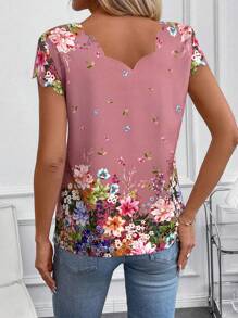 SHEIN Clasi 女士休闲碎花短袖衬衫，春季 - 藕粉色 - 查看 2